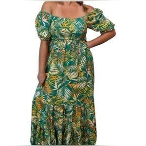 Betsey Johnson Palm Leaf Print Tropical Tiered Maxi Dress Green Smocked Women XS